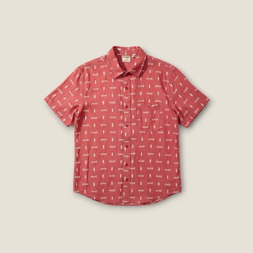 Coca-Cola Men's Short Sleeve Button-Down Shirt Red All-Over Print Bottle Logo
